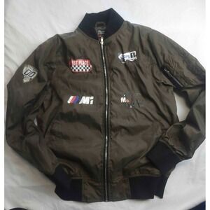 Bleecker & Mercer Bomber Jacket Mens M Green Racing Decals‎ Streetwear Y2K